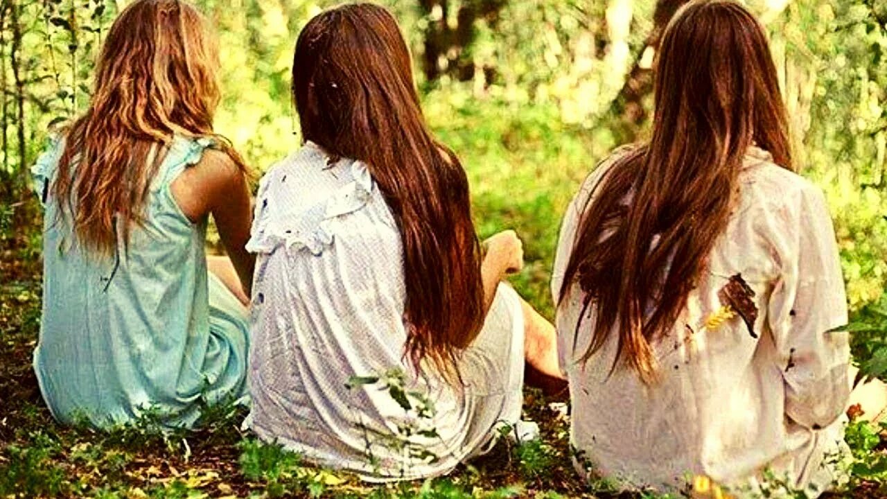 Рядом стоят 3 девушки. Две девочки спиной. Три девушки со спины. Сестры со спины. Три девушки в лесу.
