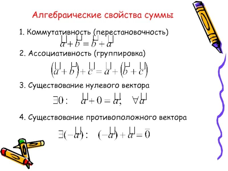 Свойства суммы произведения. Свойства суммы. Алгебраические свойства. Ассоциативность и коммутативность. Коммутативность векторов.