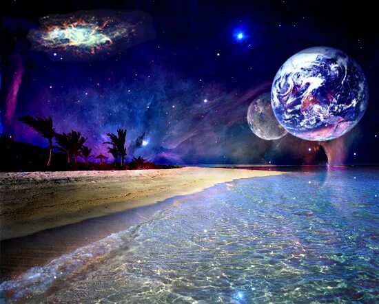 Space beach. Лето в космосе. Инопланетные пейзажи. Пляж и космос. Space beach фон.