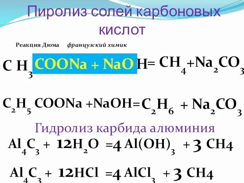Гидролиз coona. Гидролиз карбида алюминия (al4c3 + h2o). Пиролиз соли карбоновой кислоты. Пиролиз солей карбоновых кислот. Ch3coona NAOH.
