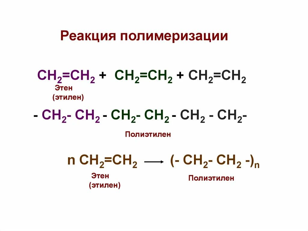 Полимеризация этилена уравнение реакции. Химическая реакция полимеризации этилена. Реакция полимеризации полиэтилена. Реакция полимеризации на примере этилена. Написать реакции получения этилена