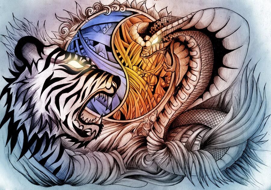 Дракон знака зодиака лев. Тигр и змея. Тигр и дракон. Тату дракон и тигр. Тату тигр и змея.