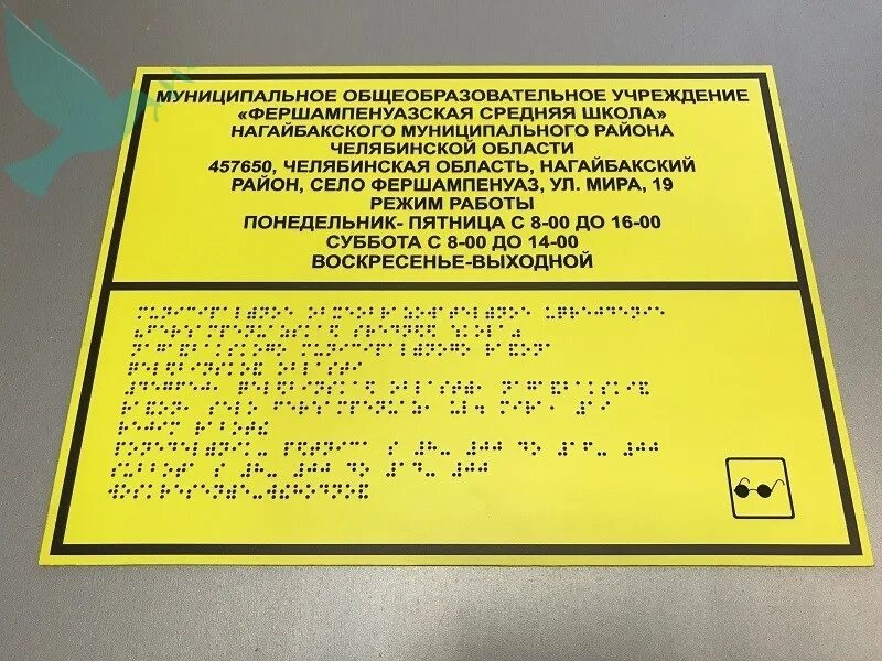 Вывеска со шрифтом брайля. Тактильные таблички, ПВХ, 3мм. Таблички по Брайлю. Вывеска школы с шрифтом Брайля. Табличка организации со шрифтом Брайля.