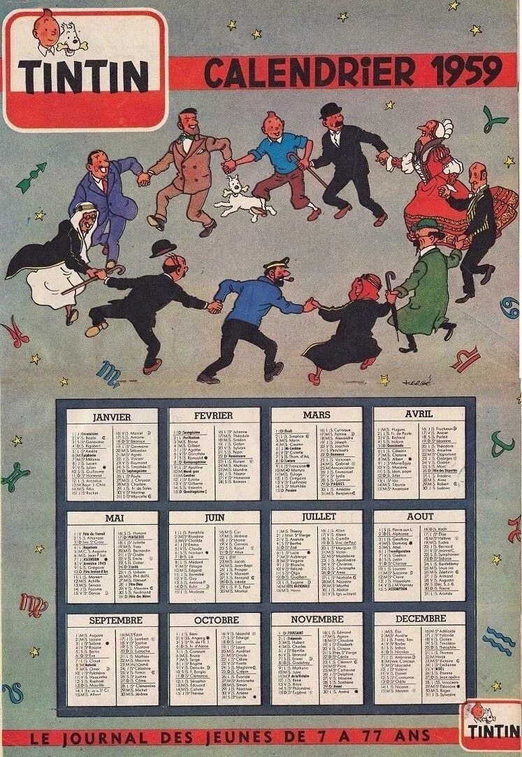 Tintin. Календарь 1959. Календарь 1959 года по месяцам. Календарь 1992г