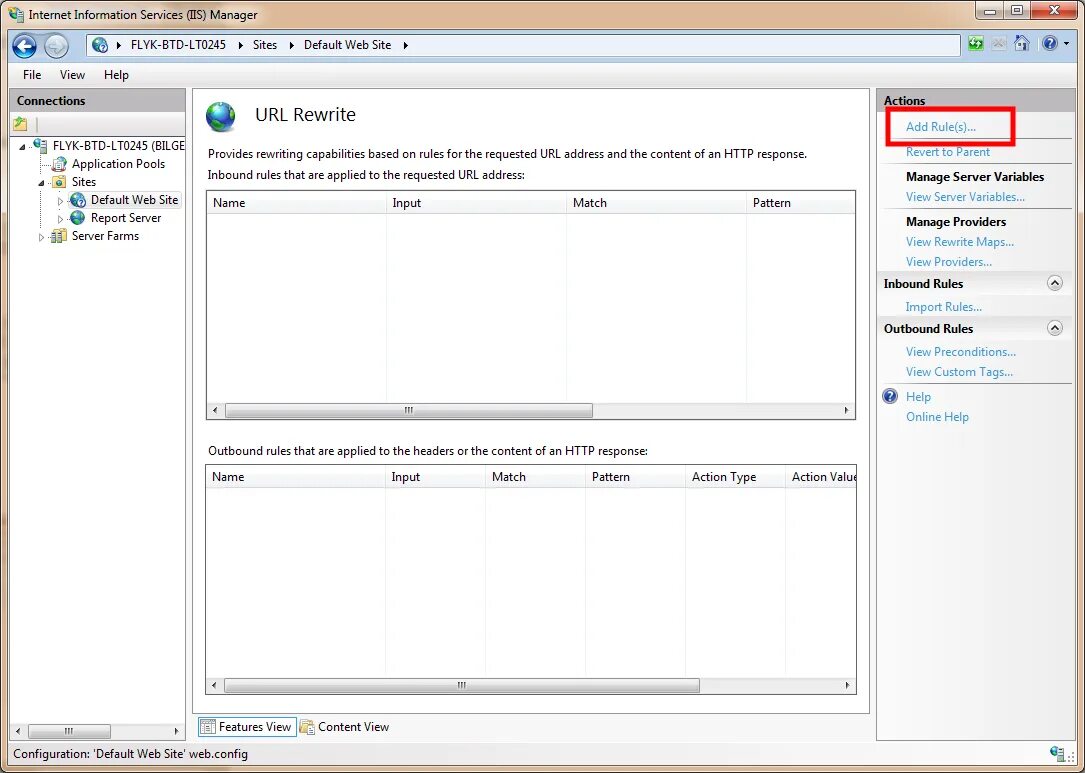 Iis url rewrite. Iis 7.5. action url.