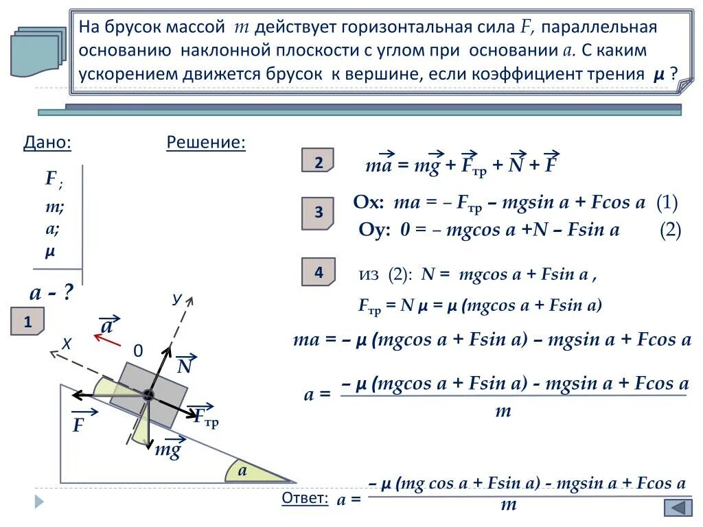 Какую минимальную силу можно. Задачи по наклонной плоскости. Силы действующие на тело нанаклонноцплоскости. Силы действующие на брусок на наклонной. Горизонтальная сила.