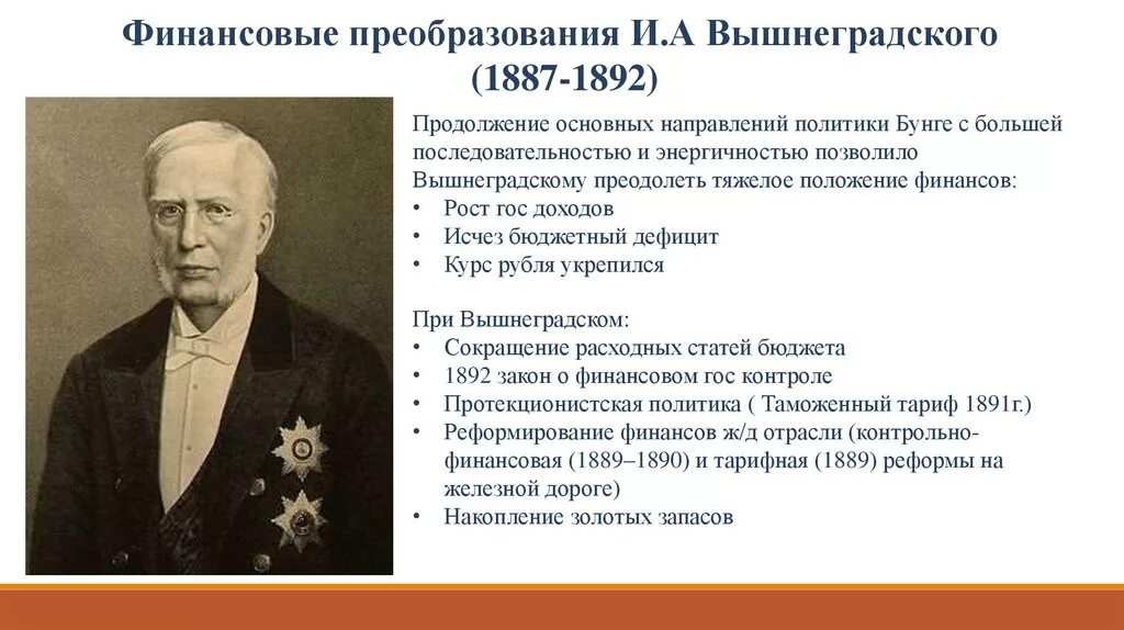 Основные цели н х бунге экономической политики. Бунай Вышеградский Витте реформы. Реформы Вышнеградского при Александре 3.