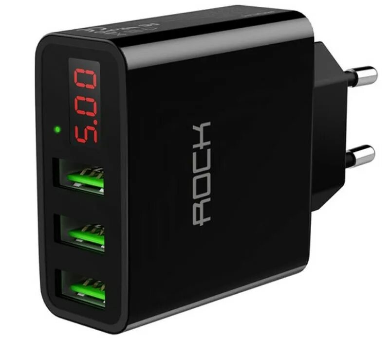 Rock t14 Digital display 3-Port зарядное устройство HKL-usb32. USB зарядка Rock. USB Charger 3 портов с экраном. Индикатор зарядки USB. Купить сетевую зарядку