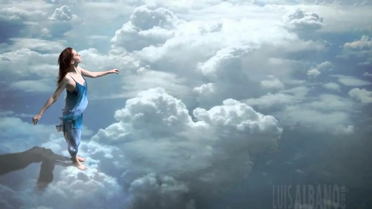 Clouds Flying girl. Fly through. Sinlight through clouds. Fly through image.