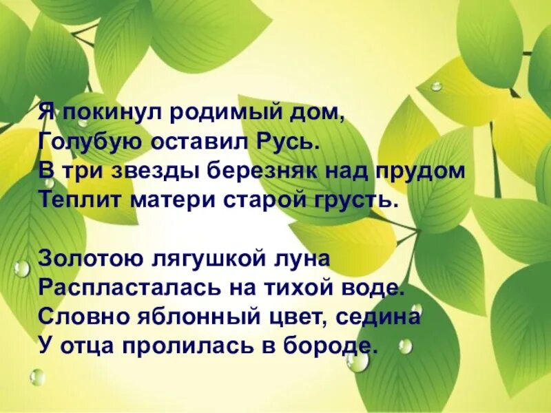 Лягушкой луна распласталась на тихой воде. Я покинул родимый дом. Я покинул родимый дом голубую. Я покинул родимый голубую оставил Русь. В три звезды Березняк над прудом Теплит матери старой грусть.