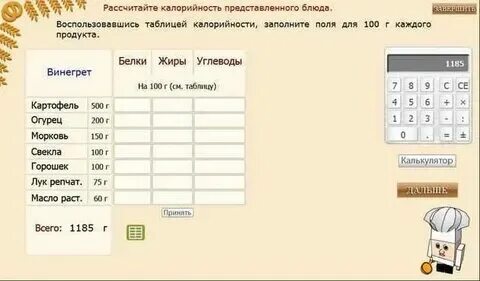 Калькулятор расчет блюд