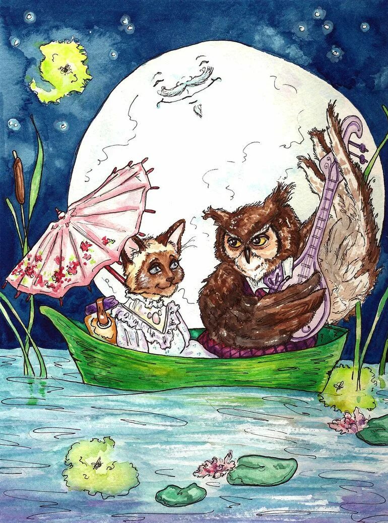 The owl and the pussycat. Котики и Совята. Совенок и котенок. Иллюстрации кошки и Совы. Сова и котик.
