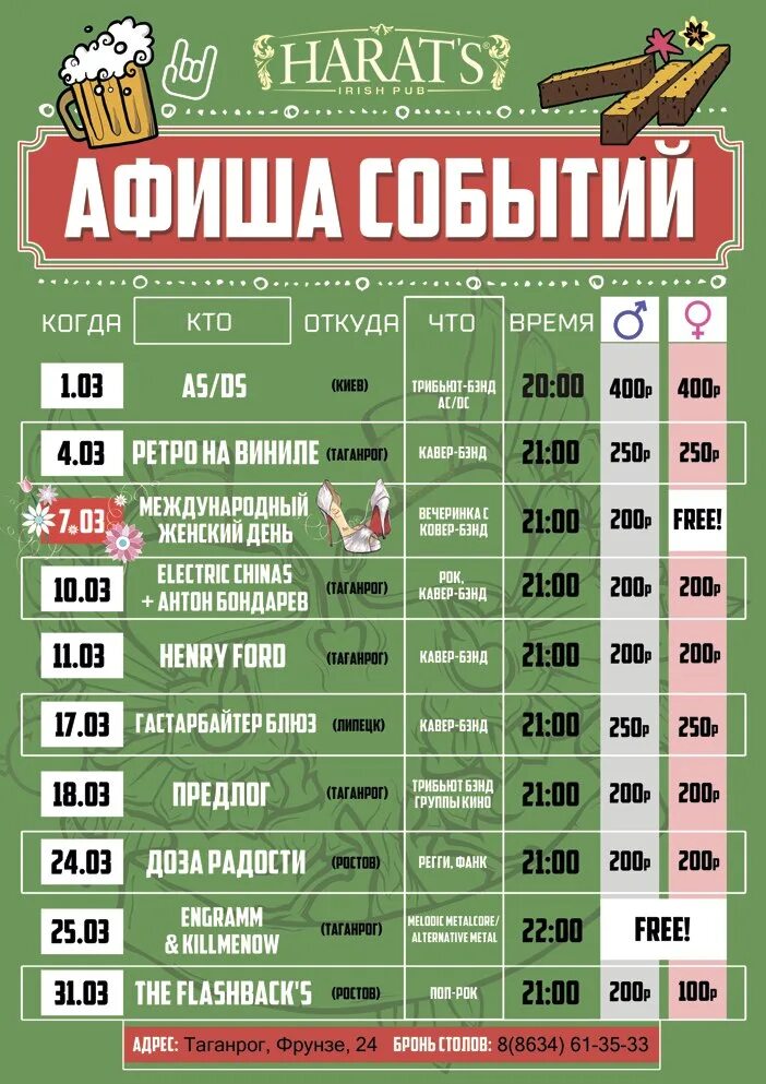Расписание мероприятий краснодар. Афиша мероприятий на март. Харатс паб меню. Харатс паб Ростов на Дону Социалистическая. Афиша мероприятий Краснодар.