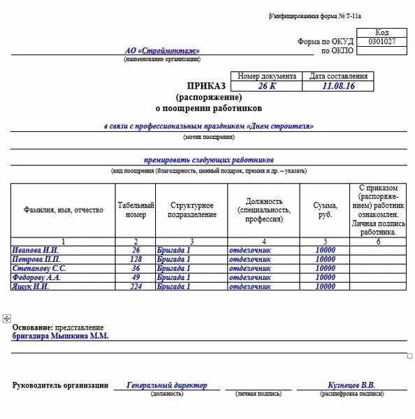 Форма т 11а приказ о поощрении работника. Приказ о премии сотрудникам образец т-11а. Форма т11 приказ о премировании. Форма т-11а приказ распоряжение о поощрении работников.