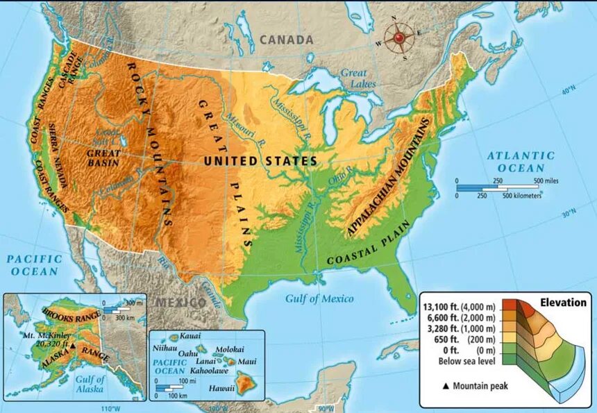 Карта рельефа США. Географическая карта США С горами. Америка карта рельефа США. Карта США С географическими объектами. Северная америка горы равнины реки озера