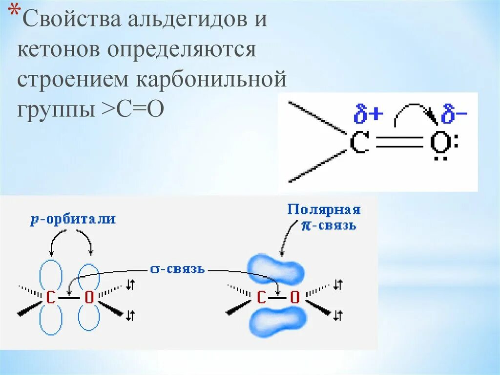 Схема образования п связи альдегидов. Электронное строение альдегидов и кетонов. Электронные эффекты карбонильной группы. Альдегид + н20.