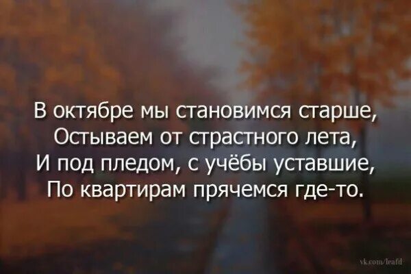 В октябре мы становимся старше. В октябре мы становимся старше остываем от страстного. Пусть эта осень станет для всех. В октябре мы становимся старше остываем от страстного. Стих в октябре мы становимся старше.