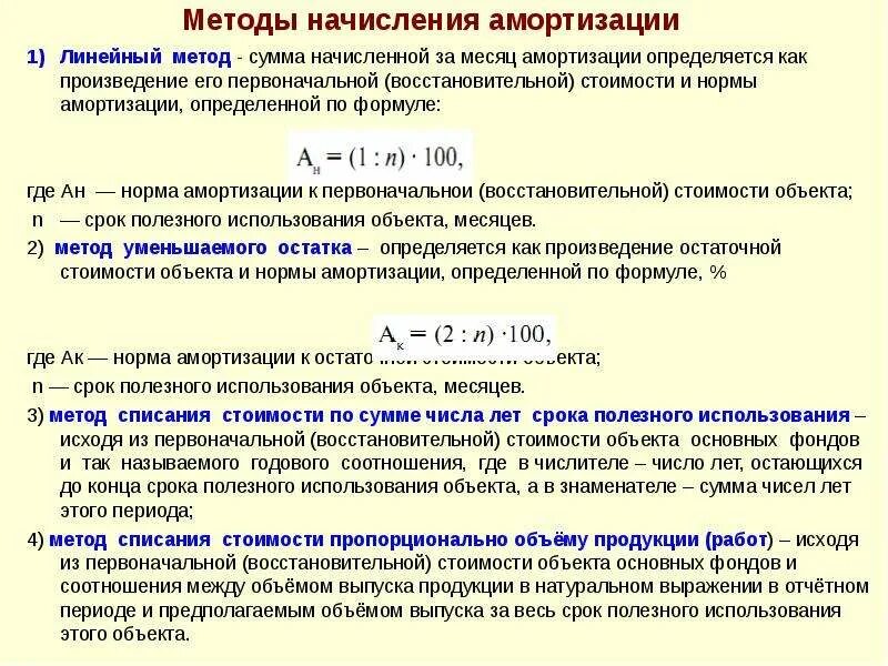 Начисление амортизации основных средств формула. Методы начисления амортизации основных средств формулы. Норма амортизации формула по первоначальной. Способы амортизации основных средств формулы. 4 метода амортизации