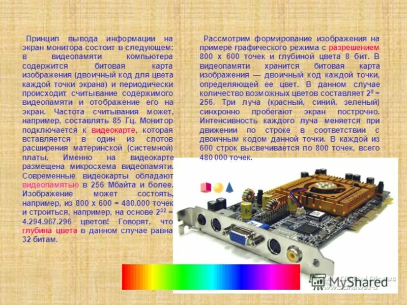 Видеопамять предназначена для хранения информации о цвете. Принцип формирования изображения в мониторе. Плата формирования изображения. Формирование изображения на экране монитора. Что хранится в видеопамяти.