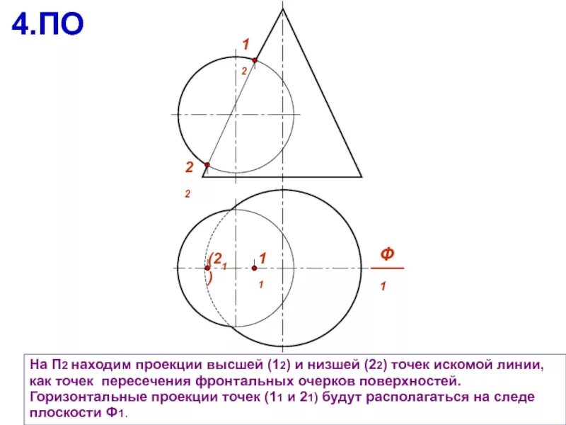 Найти проекцию линии. Горизонтальная проекция точки. точки пересечения фронтальных очерков. методы нахождения линии пересечения поверхностей. очерк горизонтальной проекции.