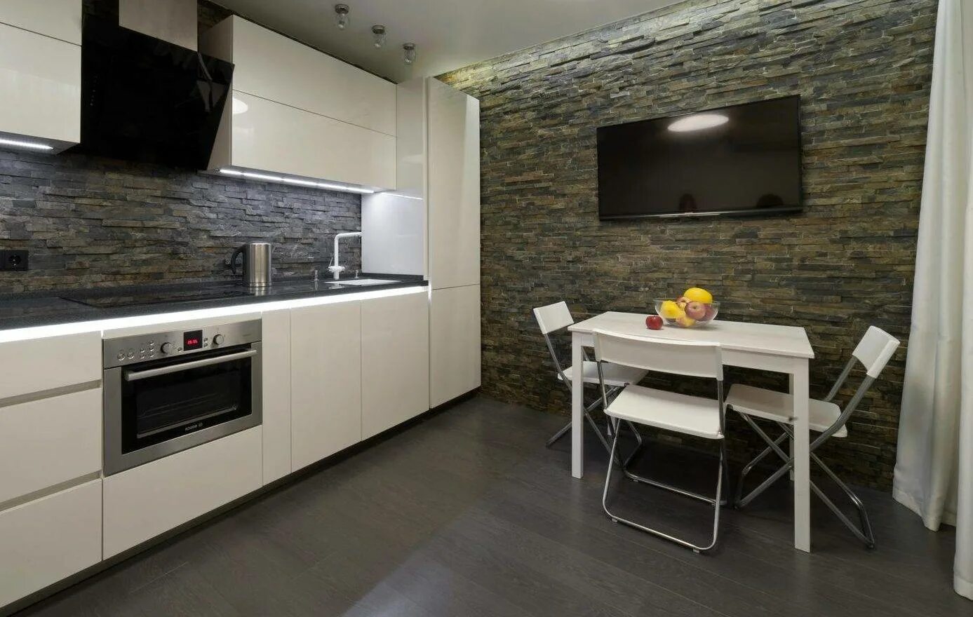 Отделка кухни. Современная отделка кухни. Стены на кухне. Декоративный камень на кухне.