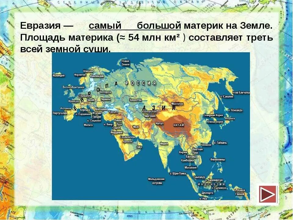 Сколько в евразии. Евразия самый большой материк по площади. Евразия площадь Евразии. Площадь территории материка Евразии. Территория Евразии размер.