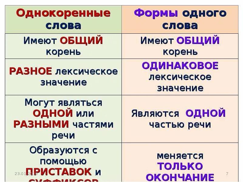 Формы слова и родственные слова отличие. Отличие однокоренных слов от форм одного и того же слова. Формы слова и однокоренные слова. Однокоренные и формы одного и того же слова. Правило изменения слов