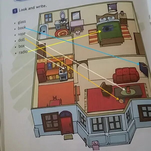 There are two glasses in the cupboard. Look and write. 1 Look and write.. Look and write Glass book Vase Doll Box Radio рабочая. Mu House 3 класс.