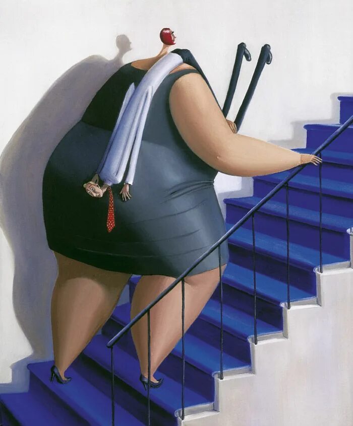 Толстая баба сидит. Картины художницы Sarah Jane Szikora. Карикатуры на толстых женщин.