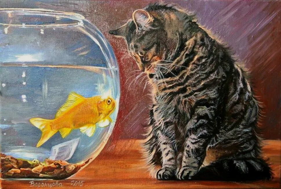 Видеть рыбок в аквариуме. Живопись рыбки в аквариуме. Аквариум картина. Золотая рыбка с котом живопись. Кот и рыба живопись.