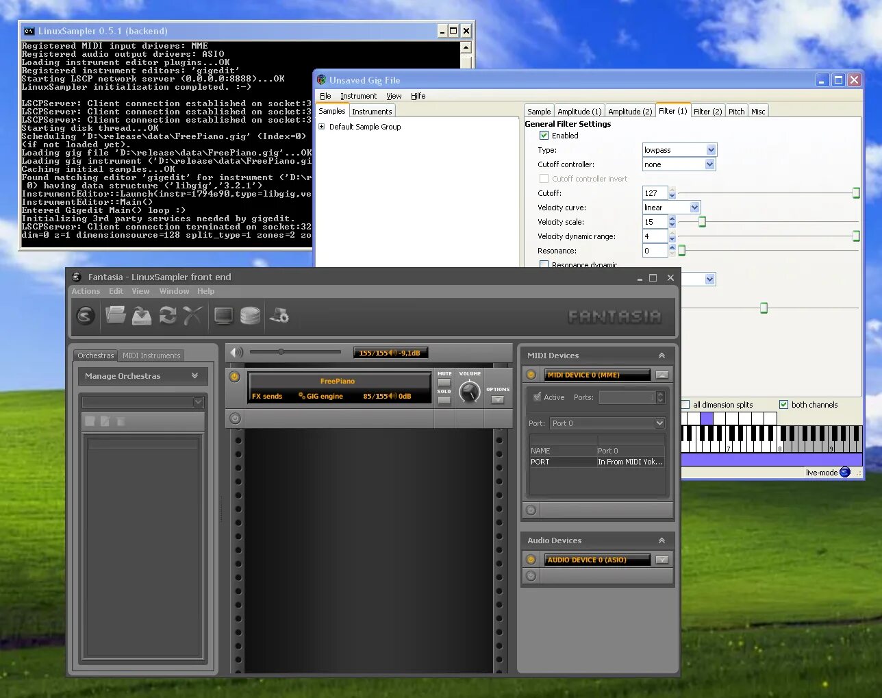 Samples program. LINUXSAMPLER. Filter setting. Midi Player. Программа похожая на хотеза.