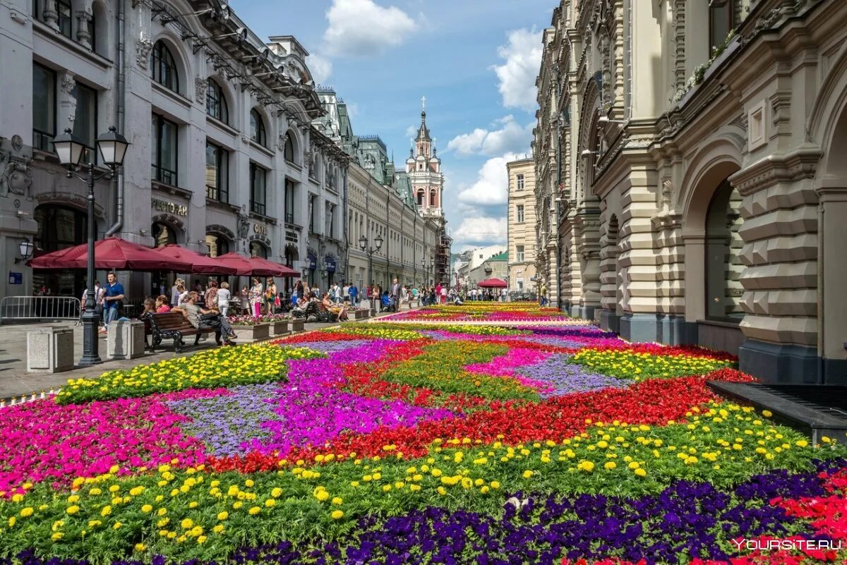 Улицы москвы лето. Цветы на Никольской улице в Москве. Никольская улица Москва лето. Питер Никольская улица. Парк Арбат Москва.