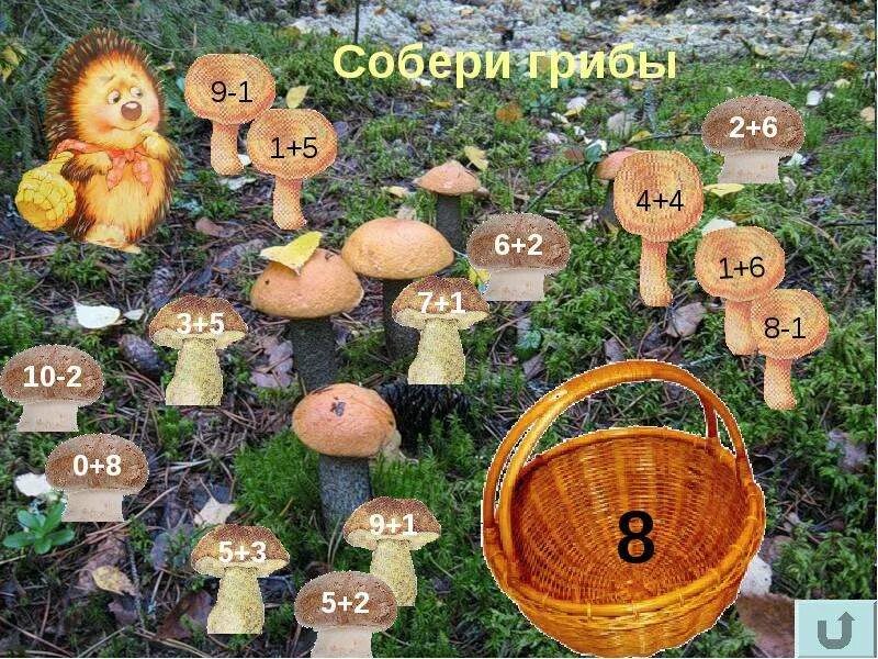 Игра собери грибы. Грибы математика. Математическая игра Собери грибы. Сосчитай грибы. Математические грибочки.