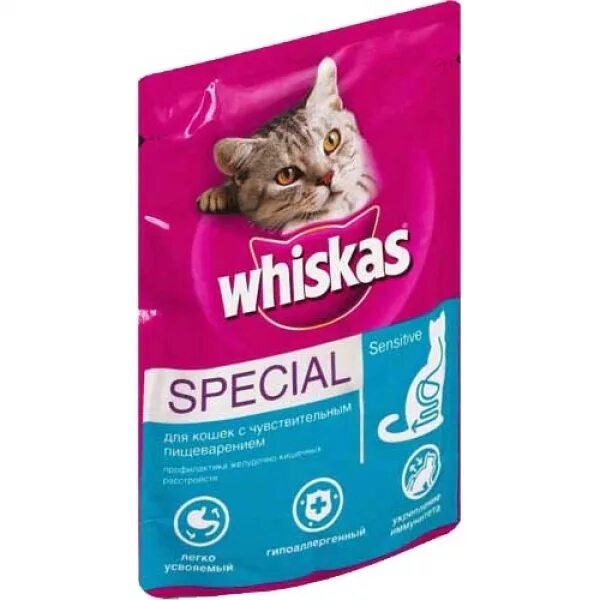 Лямур корм. Корм с чувствительным пищеварением для кошек сухой вискас. Whiskas 100гр. Вискас для кошек с чувствительным пищеварением сухой. Корм для кошек бело красная упаковка.