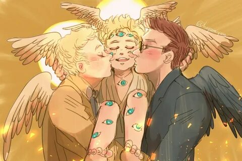 “Double kisses💛🧡💜 . . #goodomensfanart #babyangel_AU #ineffablehusbands”...