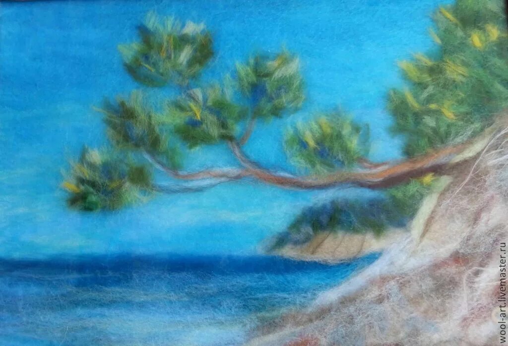 Рисунки юге. Картина из шерсти море. Живопись шерстью сосны. Рисование шерстью море и горы. Морской пейзаж из ткани.