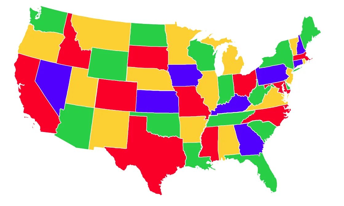 USA Map. Us States Map. USA Color Map. Цвета США.