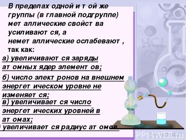 Таблица в пределах одной и той же группы в главной подгруппе. В пределах одной группы главной подгруппы металлические свойства. В пределах одной и той же группы неметаллические свойства. В пределах главной подгруппы металлические свойства.