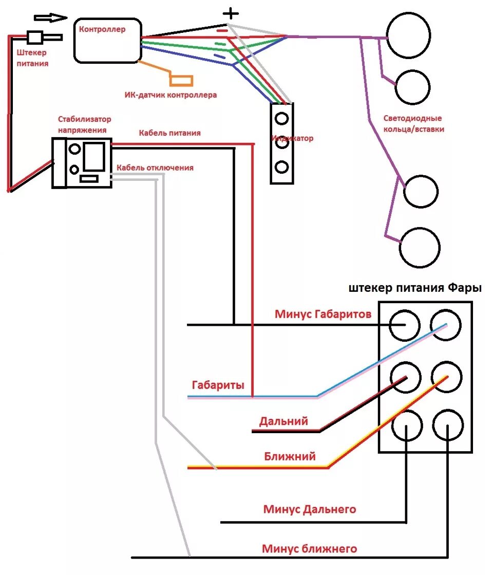 Как подключить ангельские глазки. Схема подключения ангельских глазок БМВ е46. Схема подключения ангельских глазок к габаритам. Подключения ангельских глазок ВАЗ 2106 схема подключения. Схема подключения ангельских глазок.