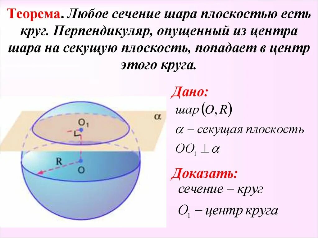 Центр сечения шара. Сечение сферы плоскостью есть окружность доказательство. Сечение сферы плоскостью есть круг. Докажите что сечение сферы плоскостью есть окружность. Сечение сферы и шара плоскостью.