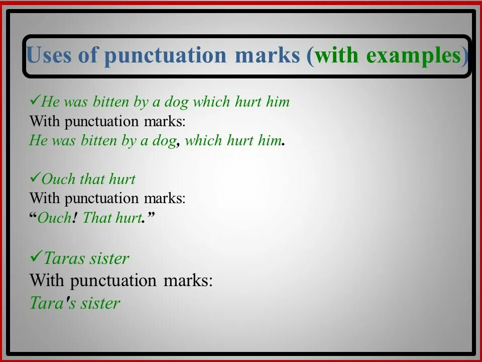 Punctuation examples. For example пунктуация. punctuation, absence of punctuation marks. for example знаки препинания.