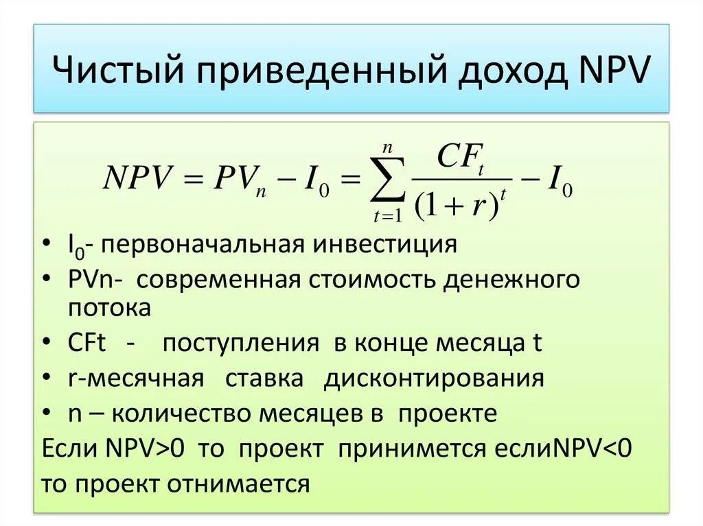 Формула чистого приведенного дохода от инвестиций. Формула чистого приведенного дохода инвестиционного проекта. Чистая приведенная прибыль npv формула. Чистый приведенный доход npv формула. Чистая текущая стоимость денежных потоков