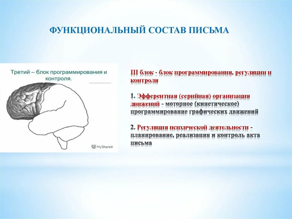 Блок программирования регуляции и контроля деятельности. Функциональный состав письма. Программирование движений. Программирование регуляция и контроль письма. Серийная организация движений