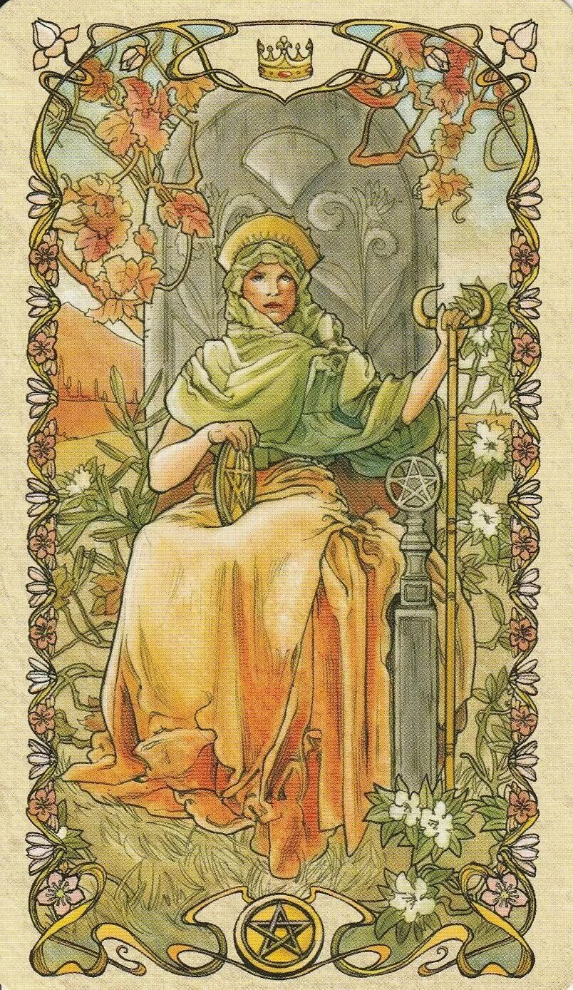 Королева пентаклей таро в любви. Карты Таро альфонса мухи. Tarot mucha (Таро альфонса мухи). Таро альфонса мухи Королева пентаклей.