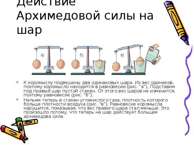 К промыслу весов подвешены 2 цилиндра. Действие архимедовой силы. Архимедова сила больше силы тяжести. Подвешенные к коромыслу весов одинаковые шары. На весах подвешены два одинаковых шарика.