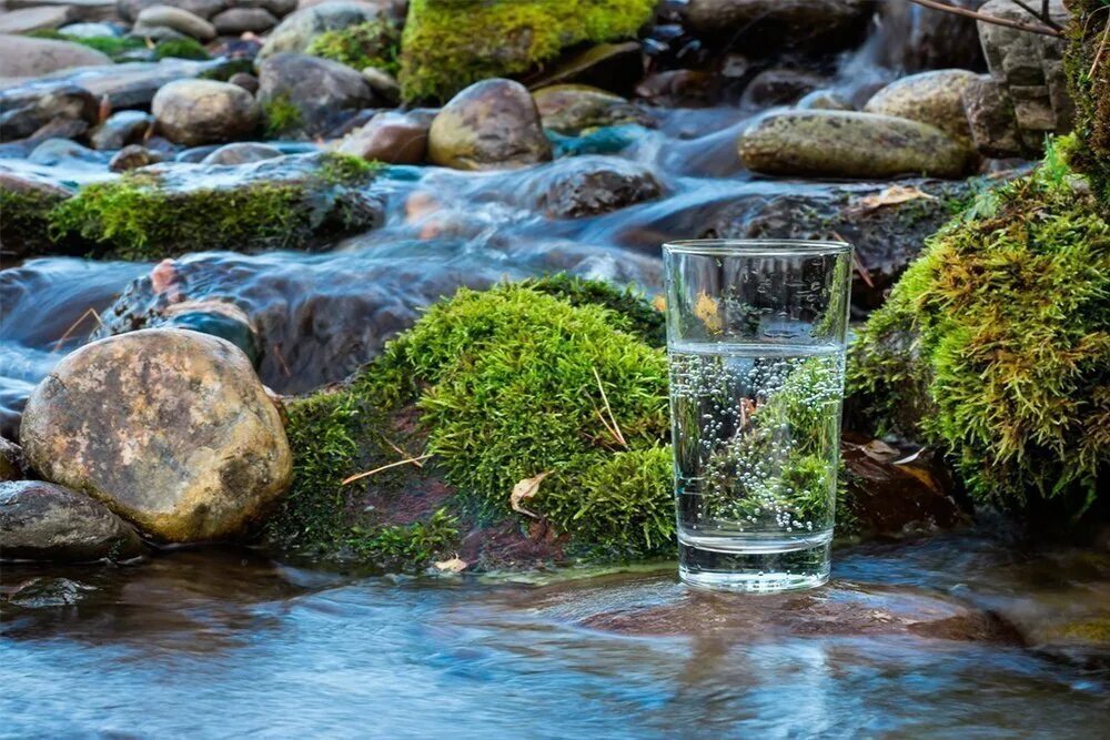 Родниковая вода. Минеральные воды. Источники питьевой воды. Стакан воды на природе.