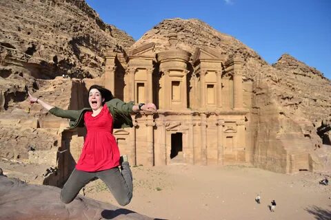 Katrina jumping in front of the monastery in Petra. 