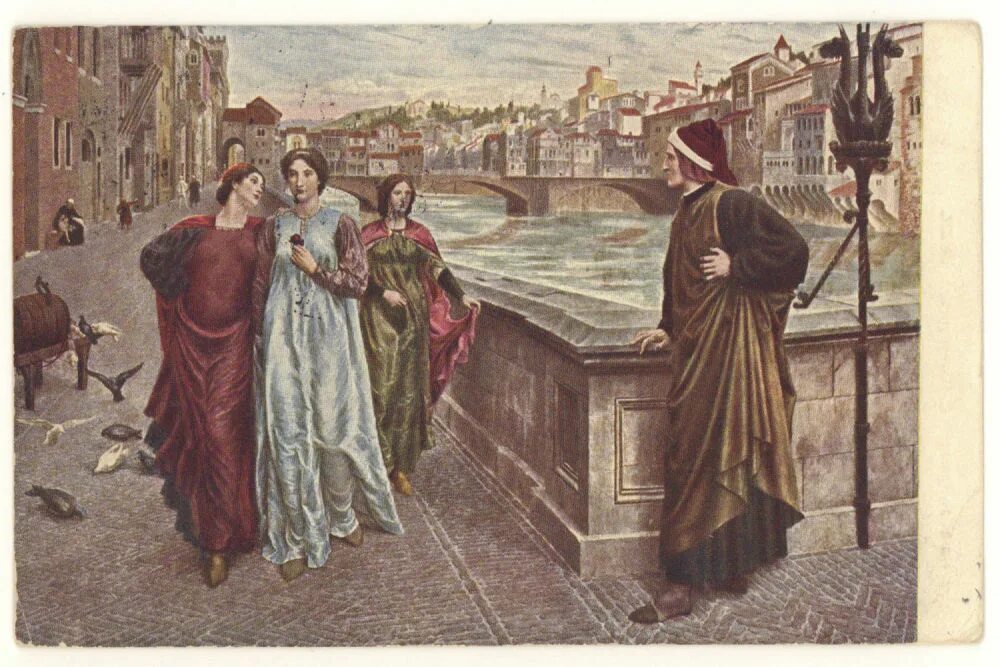 Холидей данте. Встреча Данте и Беатриче на мосту Санта-Тринита. Данте и Беатриче картина. Первая годовщина смерти Беатриче.