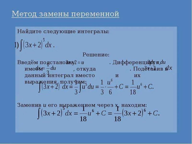 Найти интегралы методом интегрирования. Метод замены интегралов. Решение интегралов методом подстановки. Метод замены переменной. Алгоритм решения интегралов методом замены переменной.