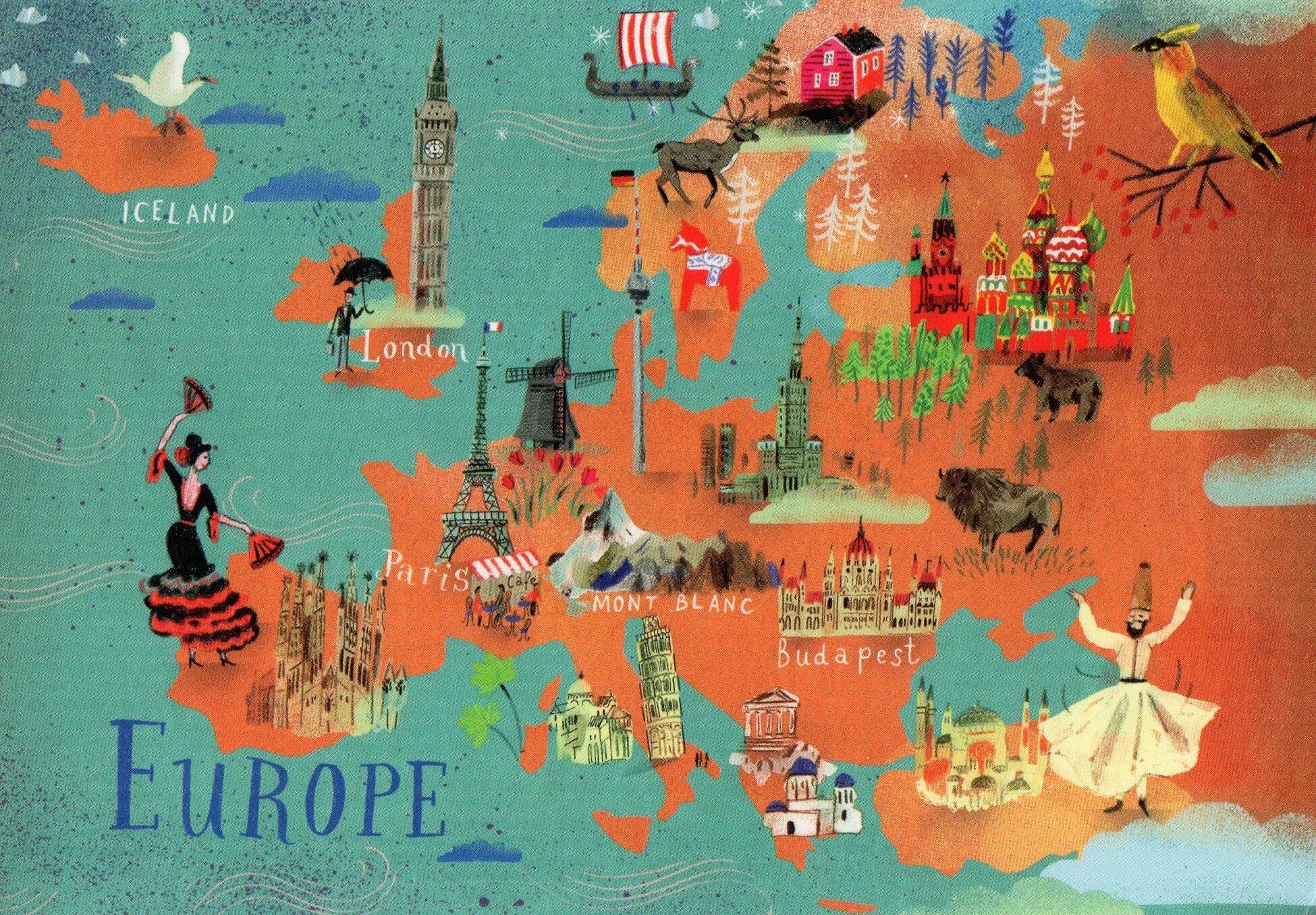 Путешествие по странам и континентам. Карта Европы для детей. Детская иллюстрация Европа. Карта Европы красивая. Картинка карты путешествие